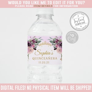 EDITABLE Water bottle Labels, Quinceanera, Baby shower, Purple Floral, Mis Quince, 15th Birthday, Corjl Template, Instant Download, QU054D