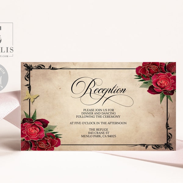 Editable Reception Card, Vintage Red Roses, Rustic, Inserts card, Enclosure, Mis Quince Anos 15th Birthday, Template, Instant Download QU182