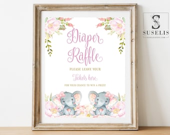 Druckbare Windel Verlosung Zeichen, Zwillinge-Baby-Dusche-Zeichen, Zwilling Mädchen Elefanten, rosa Blush Blumen, Printable, Instant Download, DIGITAL BS094