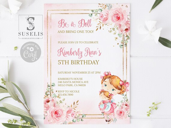 Editable Template Baby Doll Birthday Invitation, Dolly Party, Little Girl, Doll Tea Party Theme, Printable, Instant Download DIGITAL, 10-233