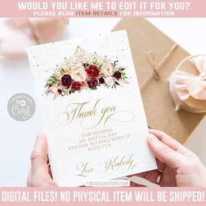 Editable Thank you Card, Marsala Flowers, Butterfly, Mis Quince Anos, 15th Birthday, Corjl Template, Instant Download, QU042