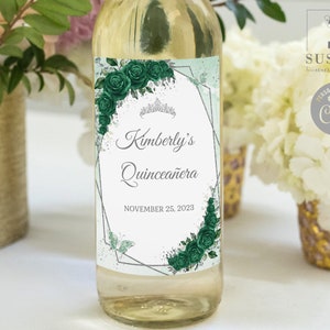 EDITABLE Quinceañera Wine Bottle Label Template, Silver Emerald Green Flowers, Butterfly, Mis Quince, Favor labels, Instant Download, QU197