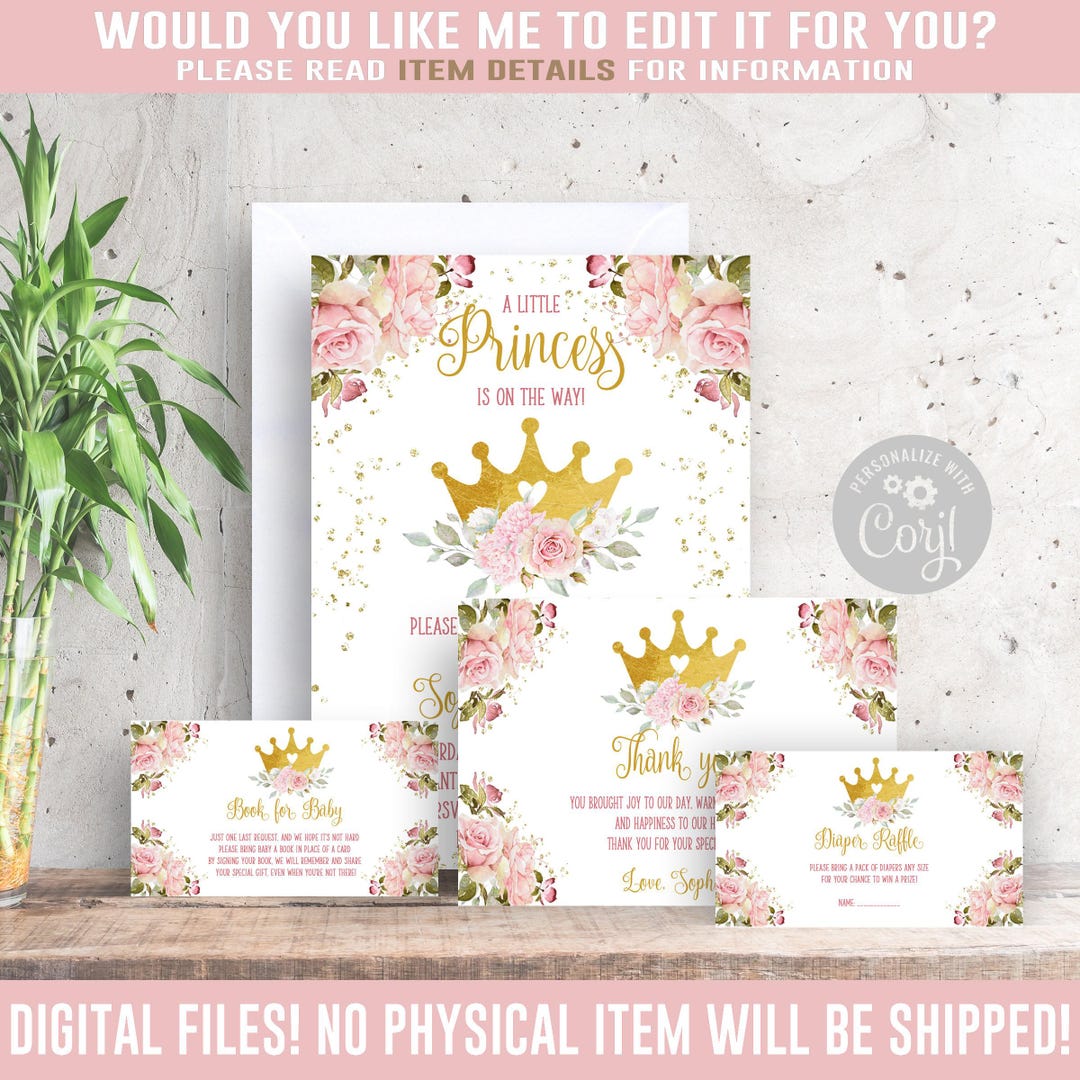 EDITABLE Princess Baby Shower Invitation Bundle, Suite, Pack, Corjl ...