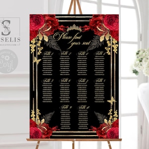 EDITABLE Seating Chart Template, Table Plan, Gold Ruby Red Flowers, Sweet 16 Poster, Quince, Sweet Sixteen, Printable Instant Download QU140