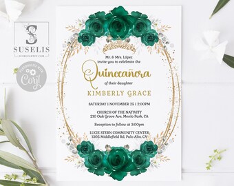 Editable Quinceanera Invitation, Emerald Gold, 15th Birthday QU166
