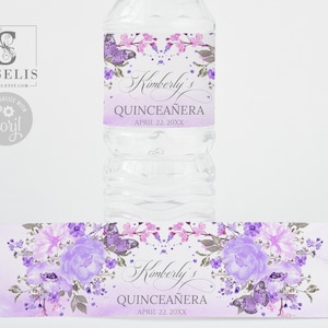 EDITABLE Template Water Bottle Label, Quinceanera, Purple Flowers, Sweet 16, Mis Quince, 15th Birthday, Printable, Instant Download, SU010