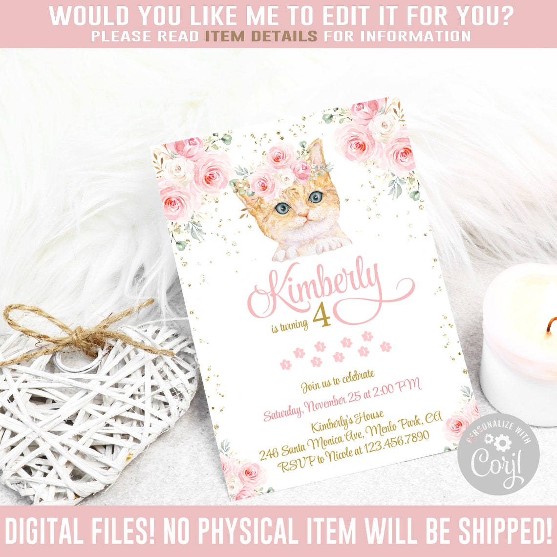 EDITABLE Kitten Birthday Invitation Corjl Template Blush - Etsy