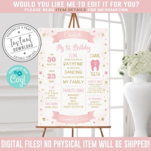 EDITABLE Milestone Birthday Poster, Corjl Template, First year poster, Instant download, Pink Gold Stars, Edit You, Printable Digital 10-162