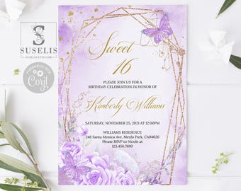 EDITABLE Sweet Sixteen Invitation Template, Purple Flowers, Butterfly, Sweet 16 Invite, Quinceañera, Printable, Instant Download, SW16023