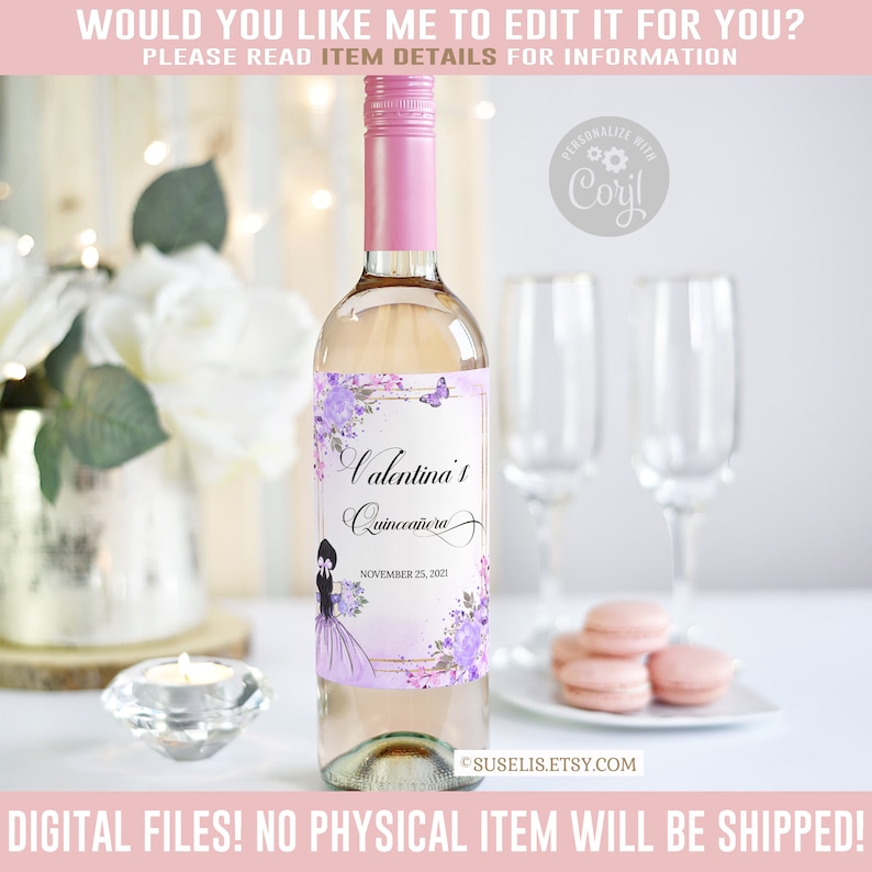 EDITABLE Quinceañera Wine Bottle Labels Purple Pink Etsy