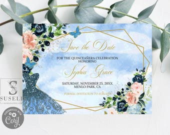 May include: A rectangular Save the Date card for a Quinceañera featuring a blue watercolor background, a gold geometric frame, navy and peach floral accents, blue butterflies, and a glittery blue dress illustration with text.