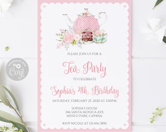 EDITABLE Tea Party Birthday Invitation, Corjl Template, Watercolor Brewing Tea Invite, Instant Download, Tea Party Theme Digital file 10-171