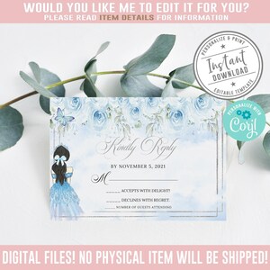 Editable RSVP Card, Kindly Reply, Silver Blue Flowers, Butterfly, Mis Quince Anos, 15th Birthday, Corjl Template, Instant Download, QU059