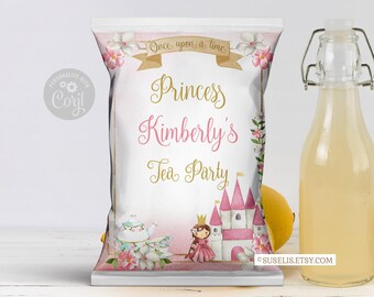 EDITABLE Princess Birthday Chip Bag, Corjl Template, Wrapper, Blush Flowers Bag, Instant Download, Princess Favors, Digital file, 10-225