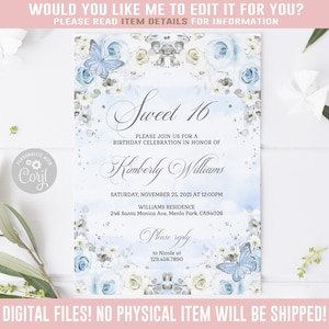 EDITABLE Sweet 16 Invitation, Silver Blush Blue Flowers, Butterfly, Sweet Sixteen, 16th Birthday, Corjl Template, Instant Download, SW16037