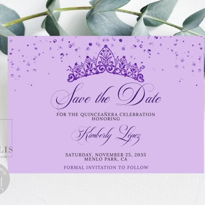 Editable Purple Save the Date Card, Glitter Tiara, Quinceañera, Sweet 16, Mis Quince, 15th Birthday, Printable, Instant Download, QU126