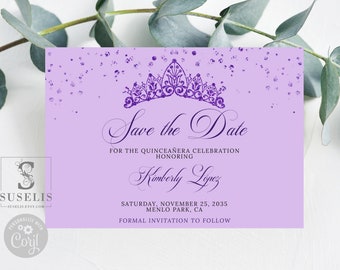 Editable Purple Save the Date Card, Glitter Tiara, Quinceañera, Sweet 16, Mis Quince, 15th Birthday, Printable, Instant Download, QU126