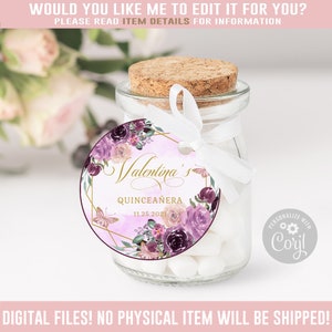 Editable Quinceanera Tag, Thank You, Purple, Gift tag, Mis Quince Anos, 15th Birthday, Butterfly, Corjl Template, Instant Download QU054D