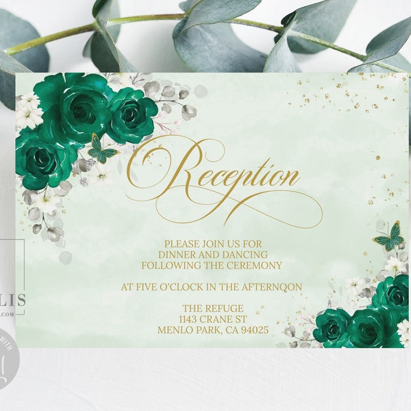 Editable Reception Card Template, Emerald Green Roses, Inserts card, Enclosure, Mis Quince, Sweet 16, Printable, Instant Download QU084