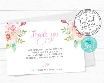 May include: A white thank you card featuring watercolour pink roses and green leaves on the corners. The text reads Thank you, You brought joy to our day, warmth to our lives and happiness to our hearts. Thank you for your special gift! Love, Tori, Tyrice and baby Torian.