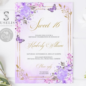 EDITABLE Template Sweet 16 Invitation, Blush Purple Flowers, Butterfly, Sweet Sixteen, 16th Birthday, Printable, Instant Download, SU010