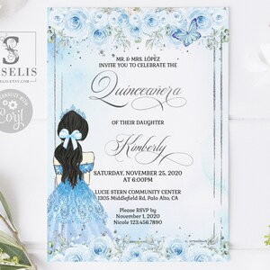 EDITABLE Quinceanera Invitation Template, Baby Blue Silver Flowers Butterfly, Mis Quince, Sweet 16, Printable, Instant Download, QU059