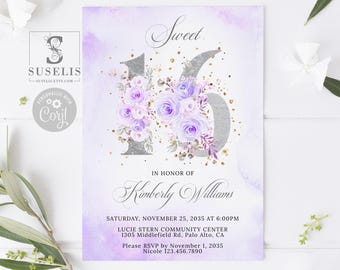 EDITABLE Sweet 16 Invitation Template, Purple Flowers, Sweet Sixteens, 16th Birthday, Quinceañera, Printable, Instant Download, SW16015