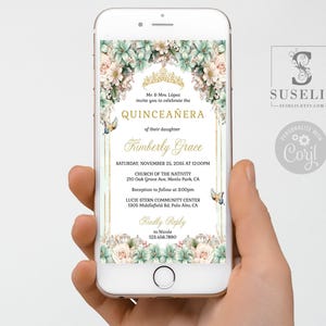 EDITABLE Evite Invitation Template Quinceanera, Sage Green, Electronic, iPhone, SMS, Email, Phone, Printable, Instant download, QU211