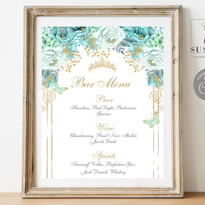 EDITABLE Bar Menu Sign Template, Drinks, Mint Green Flowers, Butterfly, Quinceanera, Sweet 16, Wedding, Instant Download QU123