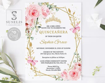 EDITABLE Quinceanera Invitation Template, Blush Pink Flowers, Mis Quince, Sweet 16, Sweet Sixteen, Printable, Instant Download, QU046