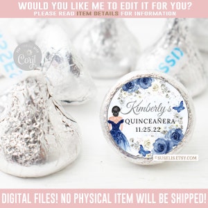 Editable Quinceanera Chocolate Kisses Label, Blue Floral, Mis Quince Anos, 15th Birthday, Corjl Template, Instant Download QU084A