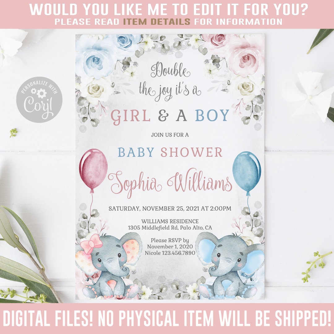 EDITABLE Twins Baby Shower Invitation, Baby Girl and Boy, Corjl ...