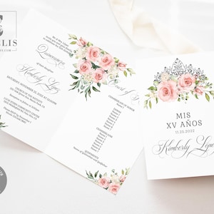 EDITABLE Bi-Fold Quinceanera Program Template, Court of Honor, Blush Pink Flower, Mis Quince, Sweet Sixteen, Instant Download, QU021