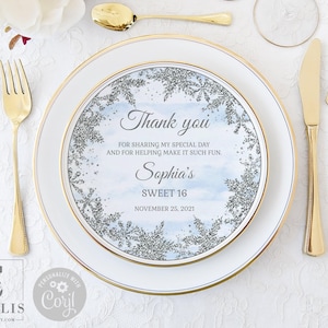 EDITABLE Charger Plate Insert, Winter Sweet Sixteen, Blue Silver Snowflakes, Sweet 16, 16th Birthday, Corjl Template Instant Download, SU030