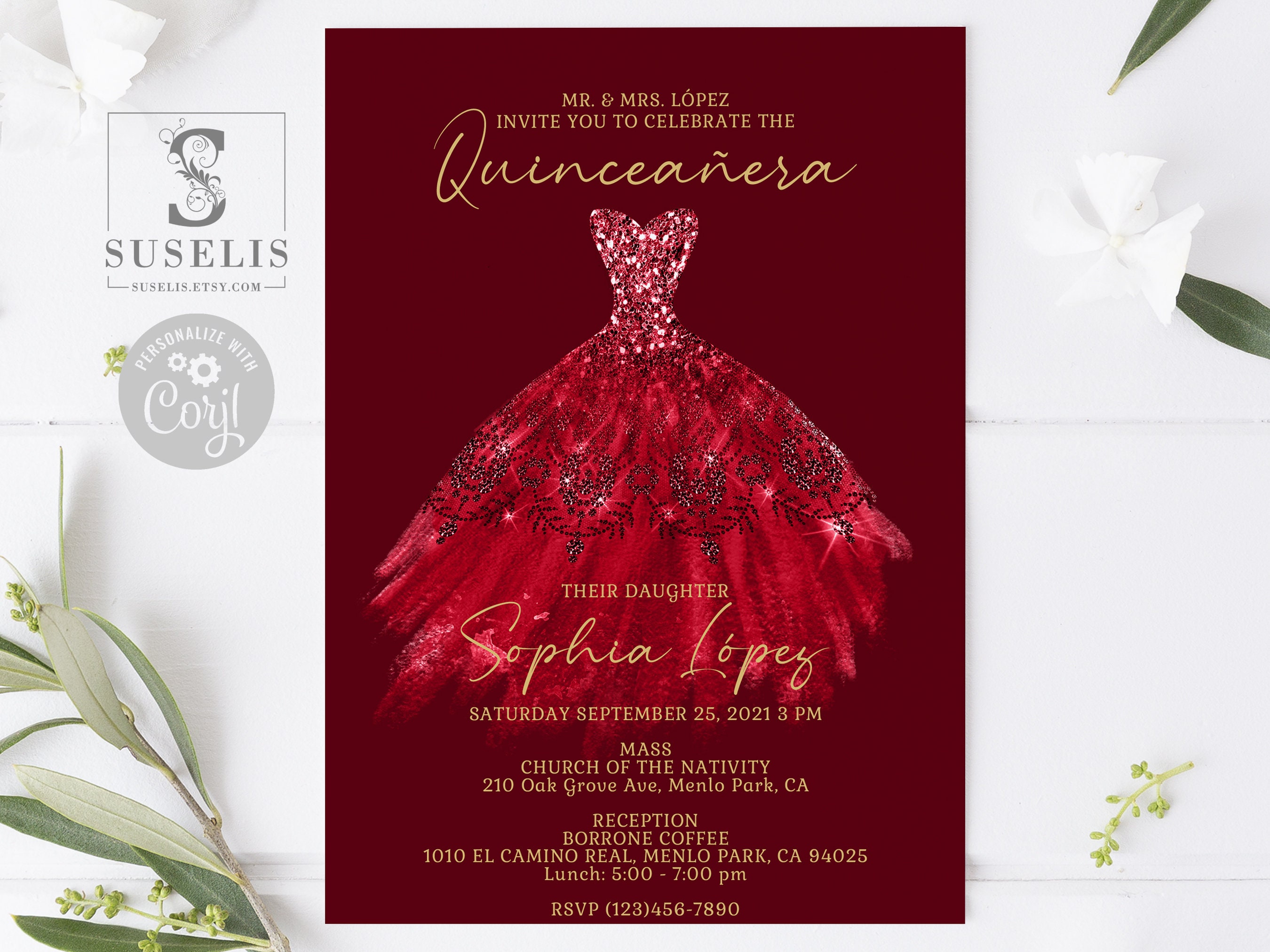 EDITABLE Quinceanera Invitation Template, Red Dress Theme, Mis Quince, Sweet Sixteen, Sweet 16, Printable, Instant Download, SU007