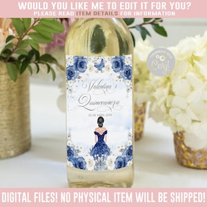 EDITABLE Quinceañera Wine Bottle Labels, Blue Floral Butterfly, Mis Quince, Favor labels, Corjl Template, Instant Download Digital QU084A