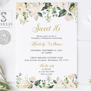 EDITABLE Sweet 16 Invitation Template, Gold White Flowers, Floral Sweet Sixteen Invite, 16th Birthday Card, Instant Download, SU052