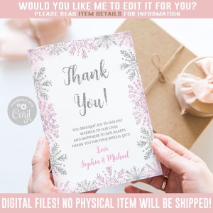 Editable Winter Wonderland Thank you Card, Corjl Template, Snowflake Silver Pink, Baby Shower, Instant Download, Printable DIGITAL, BS155