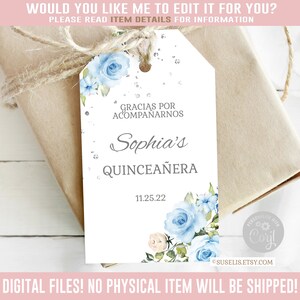 Editable Quinceanera Favor Tag, Blue Silver, Gift tag, Mis Quince Anos, 15th Birthday, Butterfly, Corjl Template, Instant Download, SU022B