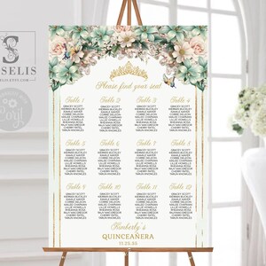 EDITABLE Seating Chart Template, Table Plan, Sage Green Flowers, Quinceañera, 16th 18th Birthday, Wedding, Instant download Printable, QU211