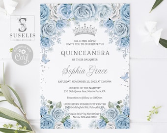 EDITABLE Quinceanera Invitation Template, Baby Blue Flowers, Sweet 16, 15th Birthday, Paperless Post, Printable, Instant Download, QU181