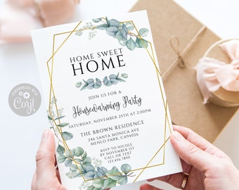 EDITABLE, Greenery House Warming Party Invitation, Corjl Template, Eucalyptus Garden Theme, New Home Invite, Instant Download, Digital