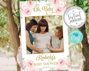 Editable Baby Shower Photo Booth Frame, Corjl Template, Watercolor Blush Flower Theme Selfie Frame, Instant Download Printable DIGITAL BS229