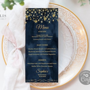 May include: A navy blue menu card with gold star accents and text reading Menu, Starters, Caesar Salad, Country breads, Main Course, Chicken Breast Piccata, Blackened Salmon, Pasta Primavera, Desserts, Chocolate Cake, Vanilla White Chocolate Mousse, Sophia's Quinceañera.