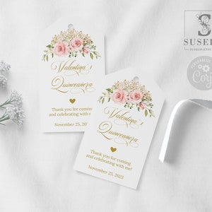 Editable Quinceanera Favor Thank You Tag Template, Blush Pink Flowers, Gift tag, Sweet Sixteen, Sweet 16, Printable Instant Download QU021