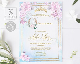 Op de afbeelding: Een rechthoekige uitnodigingskaart met een gouden kader, roze rozen en vlinders. De tekst luidt: Mr. & Mrs. Lopez invite you to celebrate the Quinceanera of their daughter Sophia Lopez, Saturday, November 25, 2020 at 6:00PM.