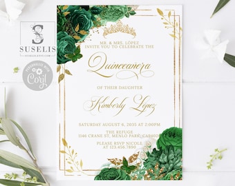 May include: A white Quinceañera invitation card featuring dark green roses, gold foil accents, and a gold tiara graphic. The text reads: Mr. & Mrs. López invite you to celebrate the Quinceañera of their daughter Kimberly López, Saturday August 6, 2035 at 2:00pm.