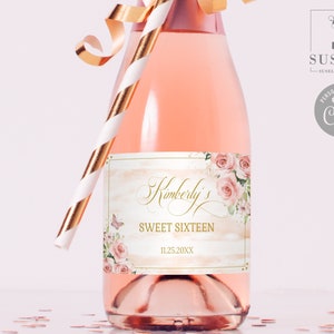 EDITABLE Template Sweet 16 Mini Wine Champagne Bottle Labels, Blush Pink, Sweet Sixteen, Favor labels, Printable, Instant Download, SW16017