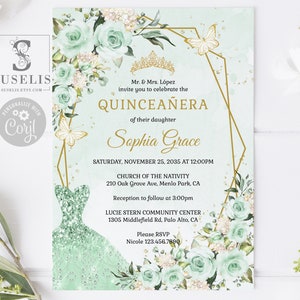 EDITABLE Quinceanera Invitation Template, Sage Green Flowers, Butterfly, Sweet 16, Mis Quince, Printable, Instant Download, QU054P