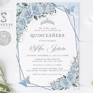 EDITABLE Quinceanera Invitation & Back Template, Baby Blue Flowers, Butterfly, Sweet 16, 15th Birthday, Printable, Instant Download, QU197